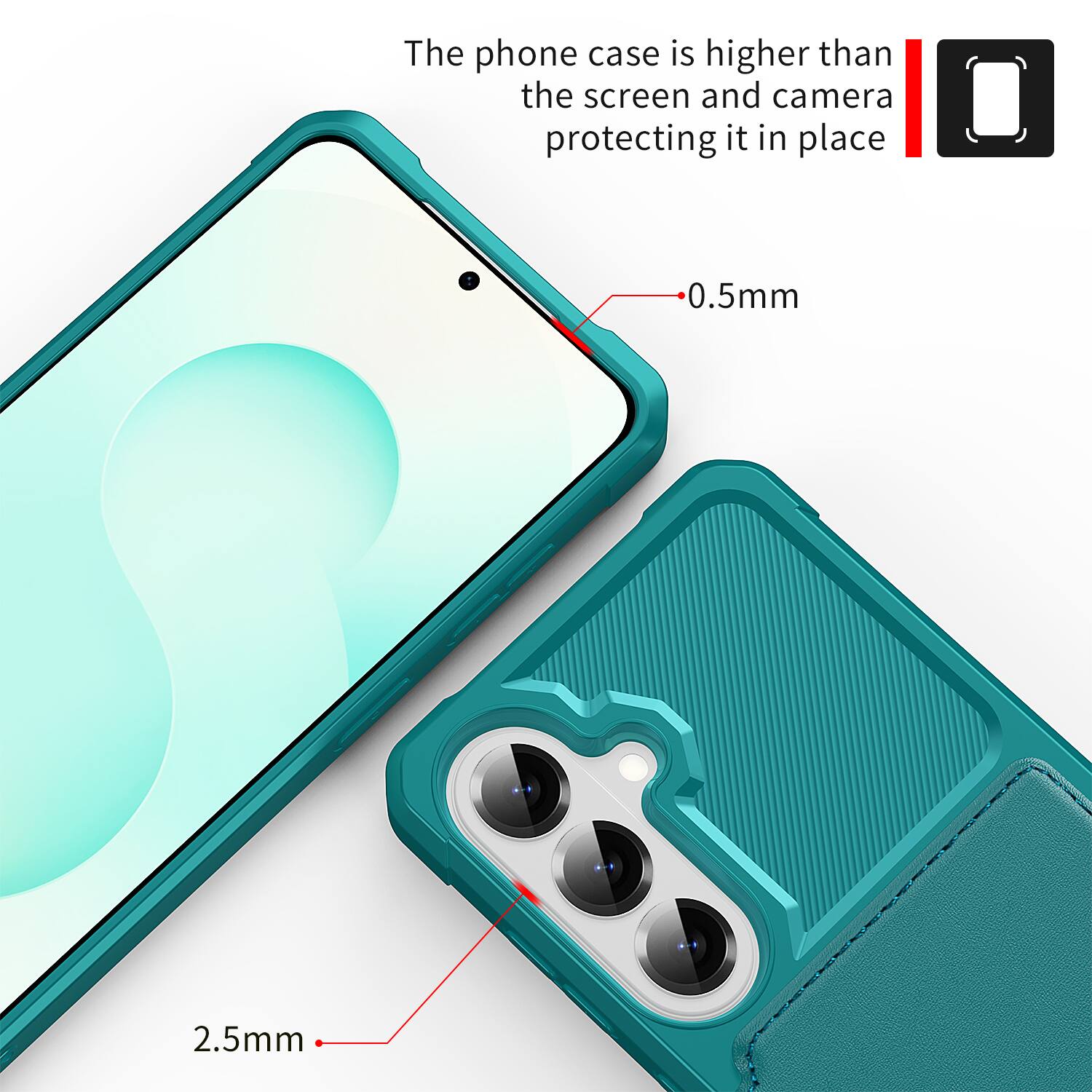 The phone case is higher than the screen and camera protecting it in place. 0.5mm 2.5mm