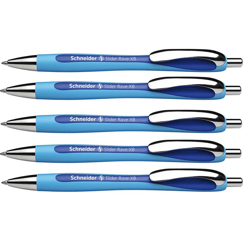 Schneider - Rave Retractable Ballpoint Pen, ViscoGlide Ink, 1.4 mm, Blue, Pack of 5