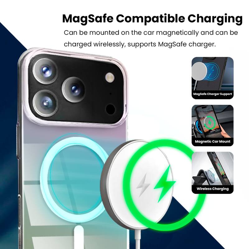 MagSafe Compatible Charging

Can be mounted on the car magnetically and can be charged wirelessly, supports MagSafe charger.

- MagSafe Charger Support
- Magnetic Car Mount
- Wireless Charging