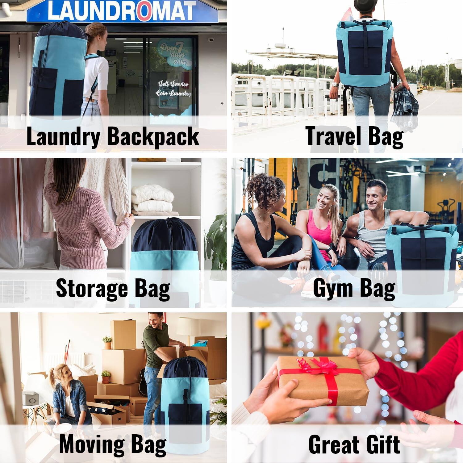 LAUNDROMAT  
Open 7 days 24 hours  
Self-Service Coin Laundry  

Laundry Backpack  
Travel Bag  
Storage Bag  
Gym Bag  
Moving Bag  
Great Gift