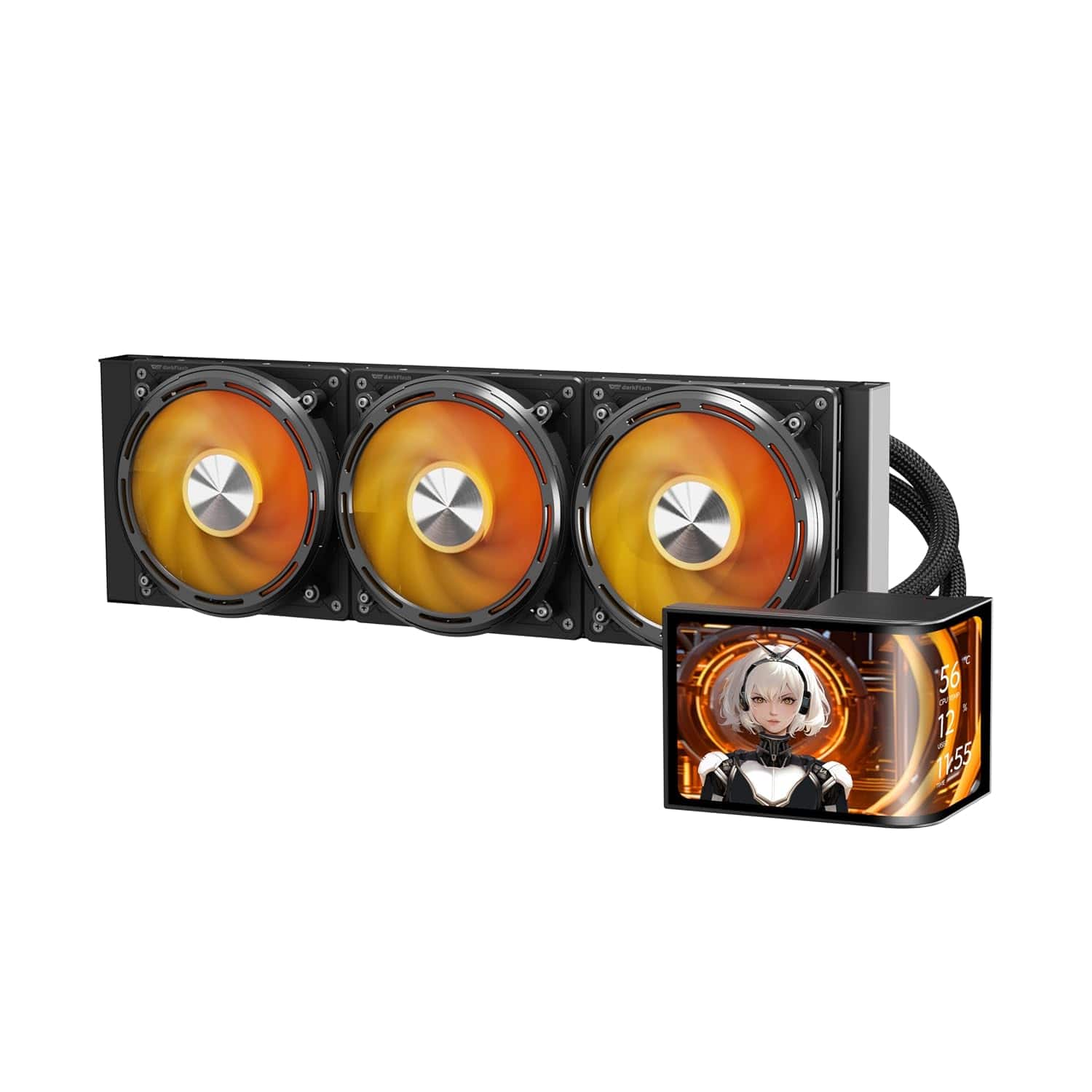 darkFlash - 360mm AIO CPU Cooler, 6.67" Curved 2K OLED, ARGB PWM Fans, Intel/AMD - Black