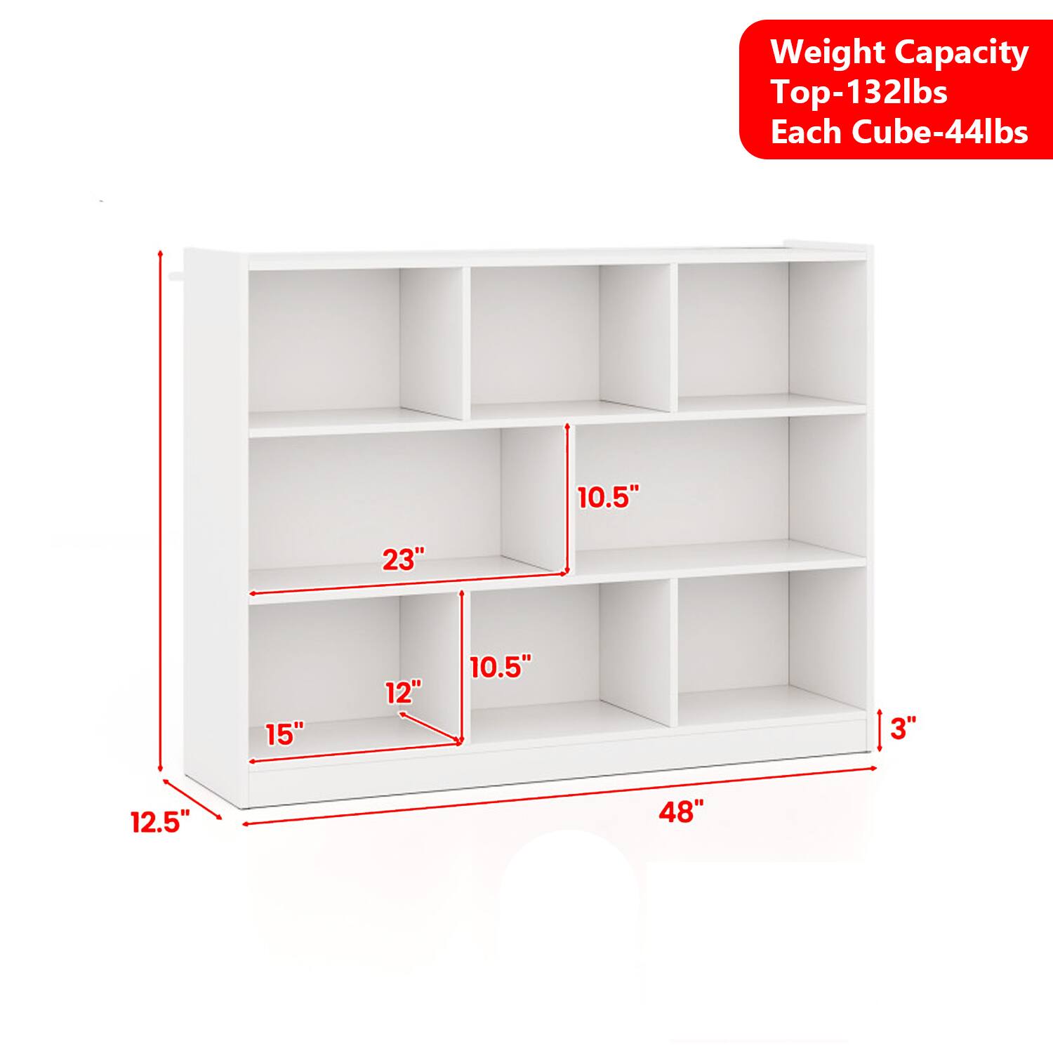 Weight Capacity  
Top-132lbs  
Each Cube-44lbs  

10.5"  
23"  
15"  
12"  
10.5"  
3"  
12.5"  
48"
