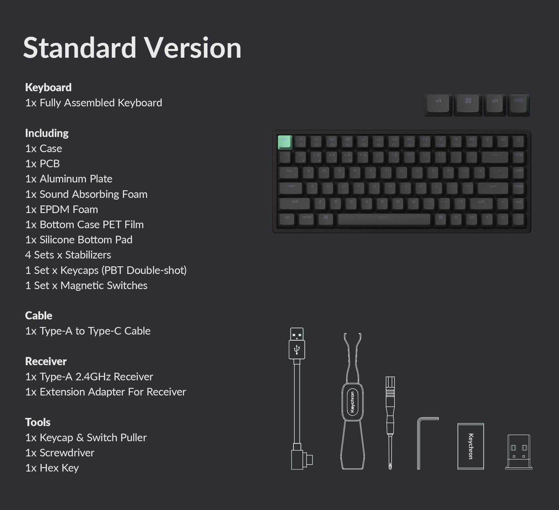 Standard Version Keyboard:

* Fully assembled keyboard
* Including 1x case
* Including 1x CB
* Including 1x Aluminum Plate
* Including 1x Sound Absorbing Foam
* Including 1x EPDM Foam
* Including 1x Bottom Case PET Film
* Including 1x Silicone Bottom Pad
* Including 4 Sets x Stabilizers
* Including 1 Set x Keycaps (PBT Double-shot)
* Including 1 Set x Magnetic Switches
* Including 1x Type-A to Type-C Cable
* Including 1x Type-A 2.4GHz Receiver
* Including 1x Extension Adapter for Receiver
* Including 1x Keycap & Switch Puller
* Including 1x Screwdriver
* Including 1x Hex Key