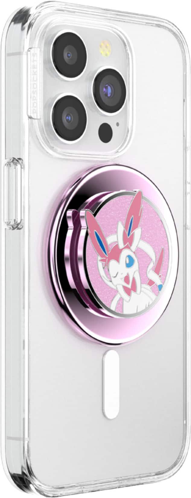 Angle. PopSockets - MagSafe PopGrip Universal Magnetic Grip & Stand with Adapter Ring for Cell Phones - Pokemon Enamel Sylveon.