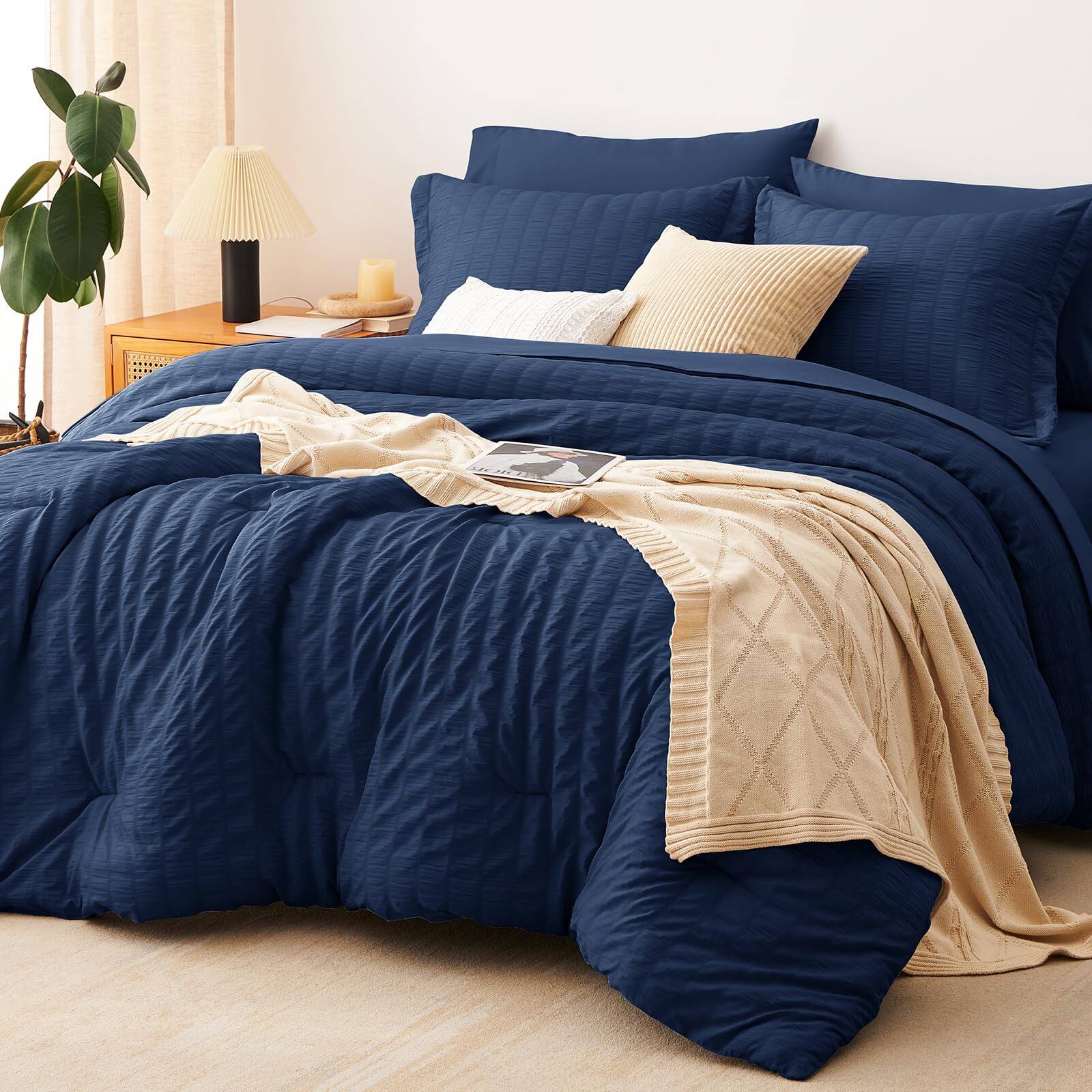 NICHOLAS KLEIN - Queen Comforter Set Seersucker Bed In A Bag With Sheets Luxury Soft Bedding Down Alternative Pillowcases Sh - Navy Queen