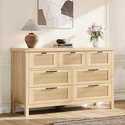 Front. Jojoka - Fluted 7 Drawer Dresser for Bedroom, Rattan Chest of Dressers, Tall Dresser for Closet with Drawers - Natural.