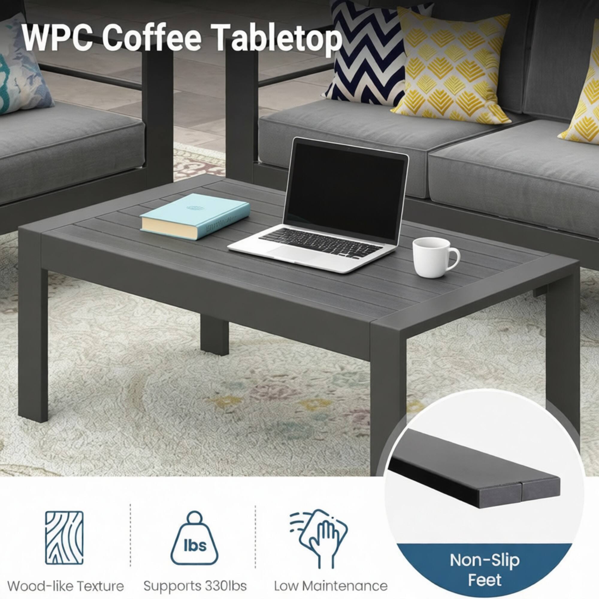 WPC Coffee Tabletop

- Wood-like Texture
- Supports 330lbs
- Low Maintenance
- Non-Slip Feet