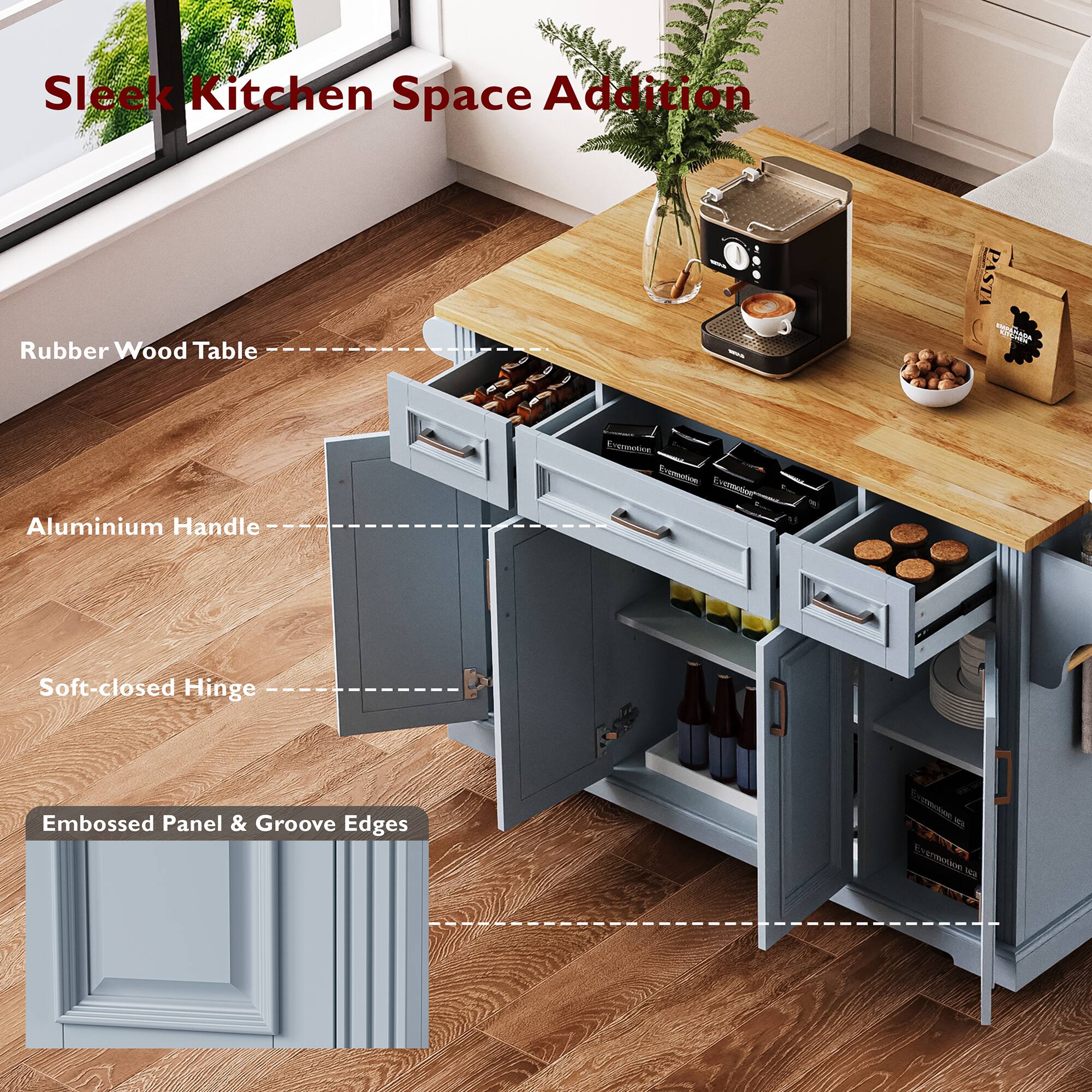 Sleek Kitchen Space Addition

- Rubber Wood Table
- Aluminium Handle
- Soft-closed Hinge
- Embossed Panel & Groove Edges
