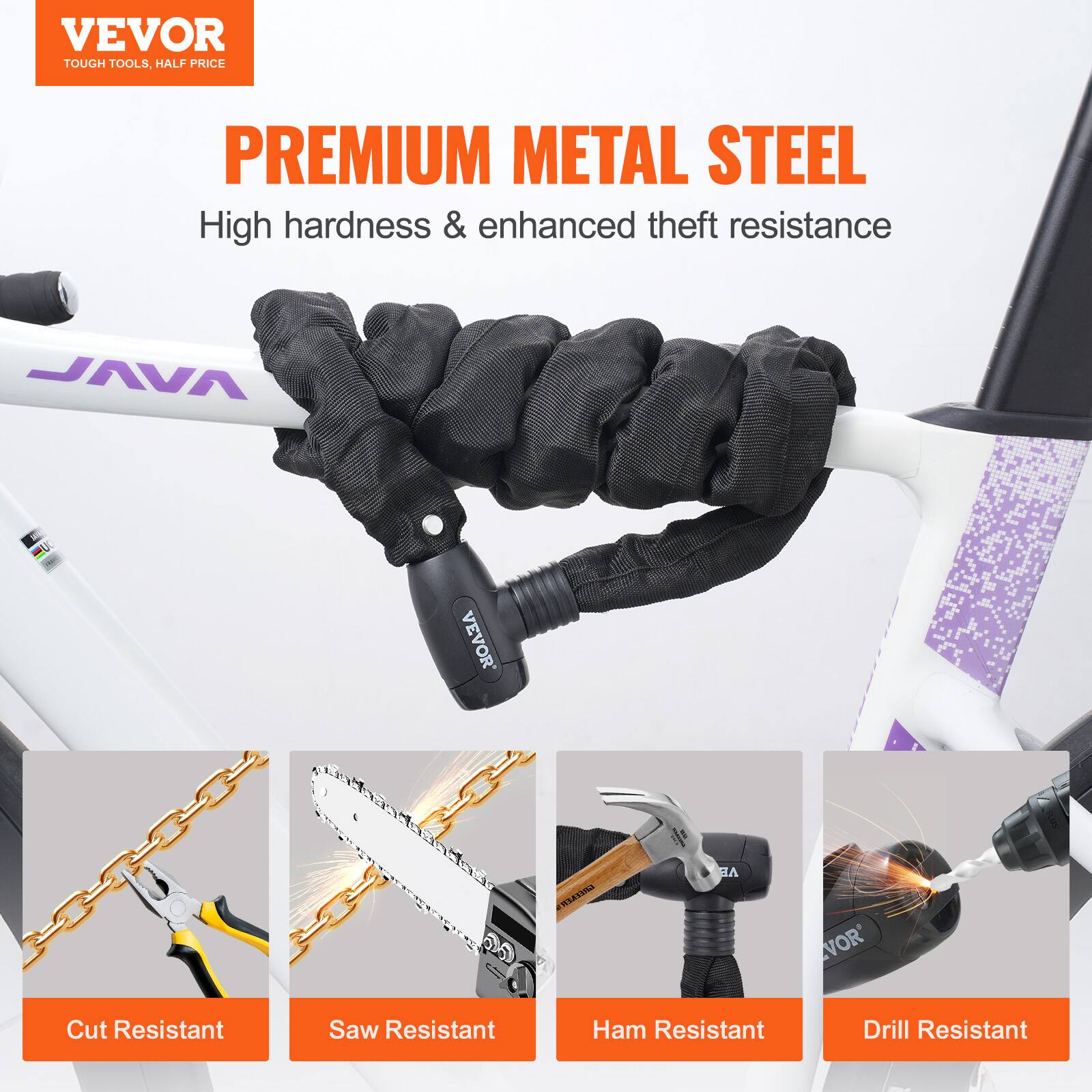 VEVOR  
TOUGH TOOLS, HALF PRICE  

PREMIUM METAL STEEL  
High hardness & enhanced theft resistance  

Cut Resistant  
Saw Resistant  
Ham Resistant  
Drill Resistant