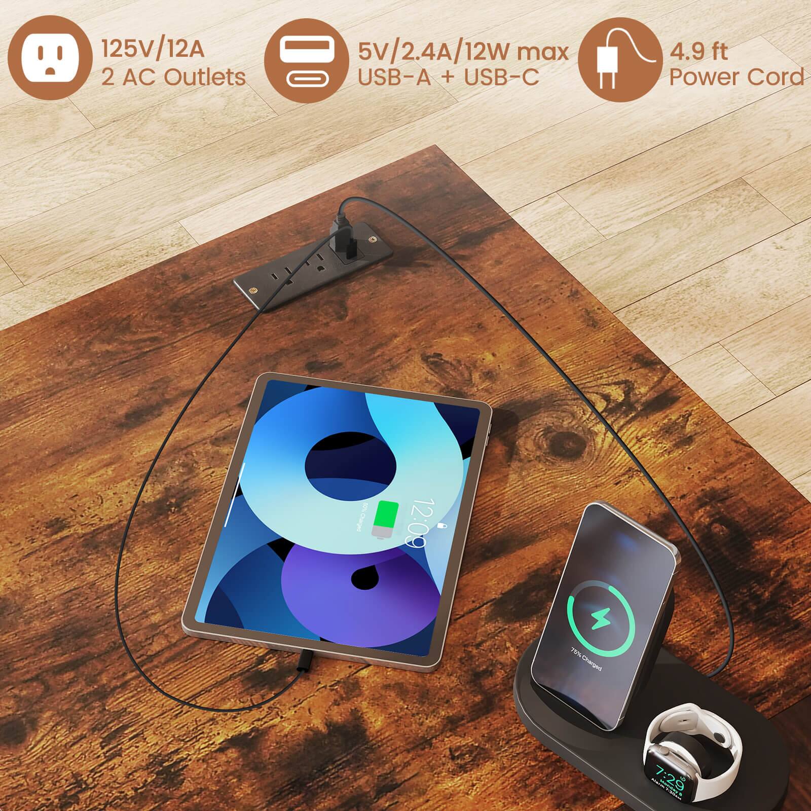 125V/12A 2 AC Outlets, 5V/2.4A/12W max USB-A + USB-C, 4.9 ft Power Cord, 75% Charged, 7:29, 12:09