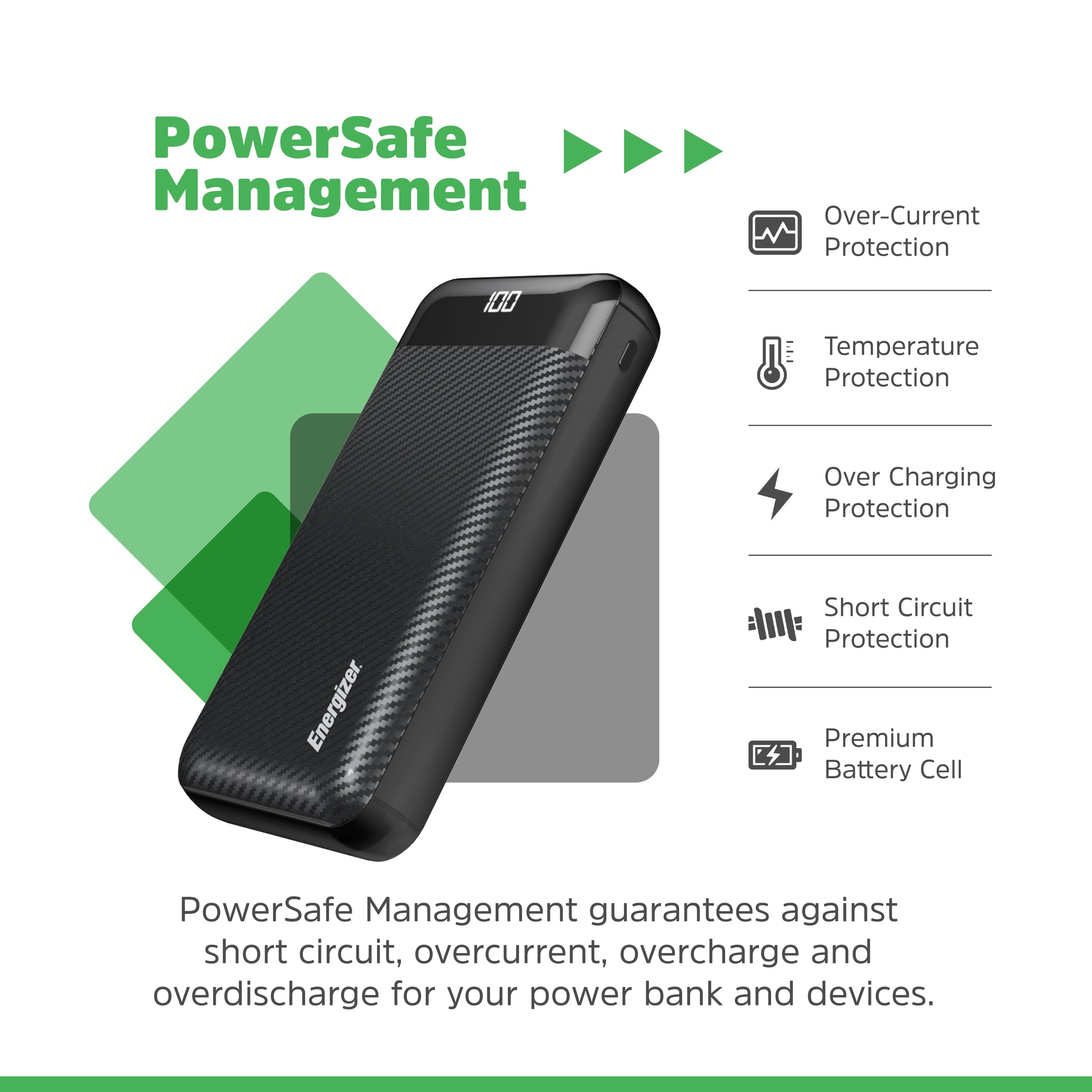 PowerSafe Management Over-Current Protection 100 Temperature Protection Over Charging Protection Energizer. Short Circuit Protection Premium Battery Cell PowerSafe Management guarantees against short circuit, overcurrent, overcharge, and overdischarge for your power bank and devices.