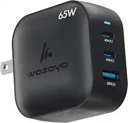 Wozoyo - 65W GaN Charger, 2X Type-C & USB-A, Superfast 2.0, PD/PPS/QC 3.0, Foldable Plug, iPhone, iPad, Smartphones, Black - Black