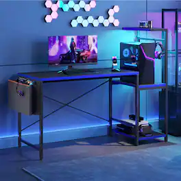 RSPGAME - 51.3'' Gaming Desk with LED & Storage Drawer Ergonomic Computer Desk Headphone Hook, PC Gaming Desk for Home Office - Black&Blue