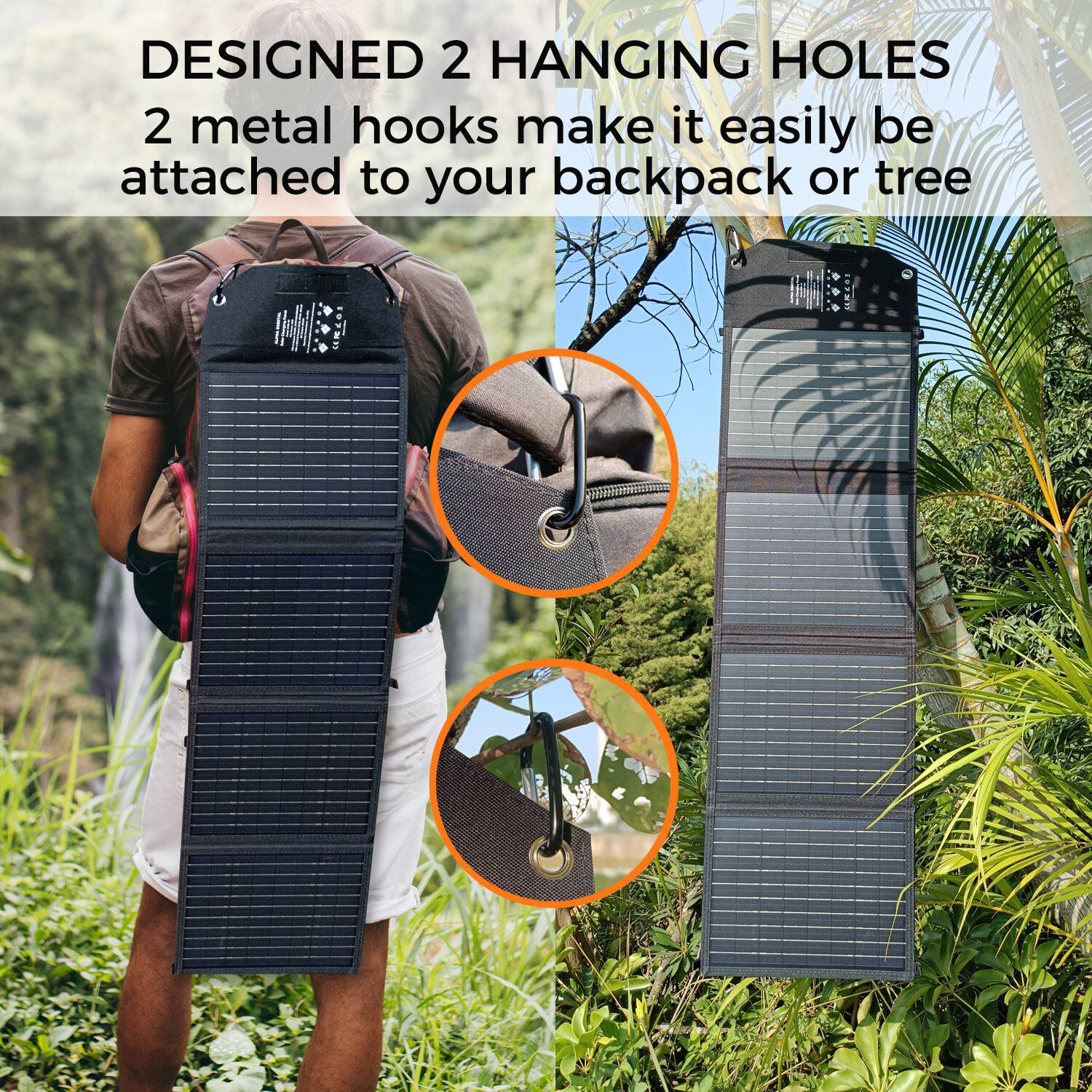 DESIGNED 2 HANGING HOLES 2 metal hooks make it easily be attached to your backpack or tree.