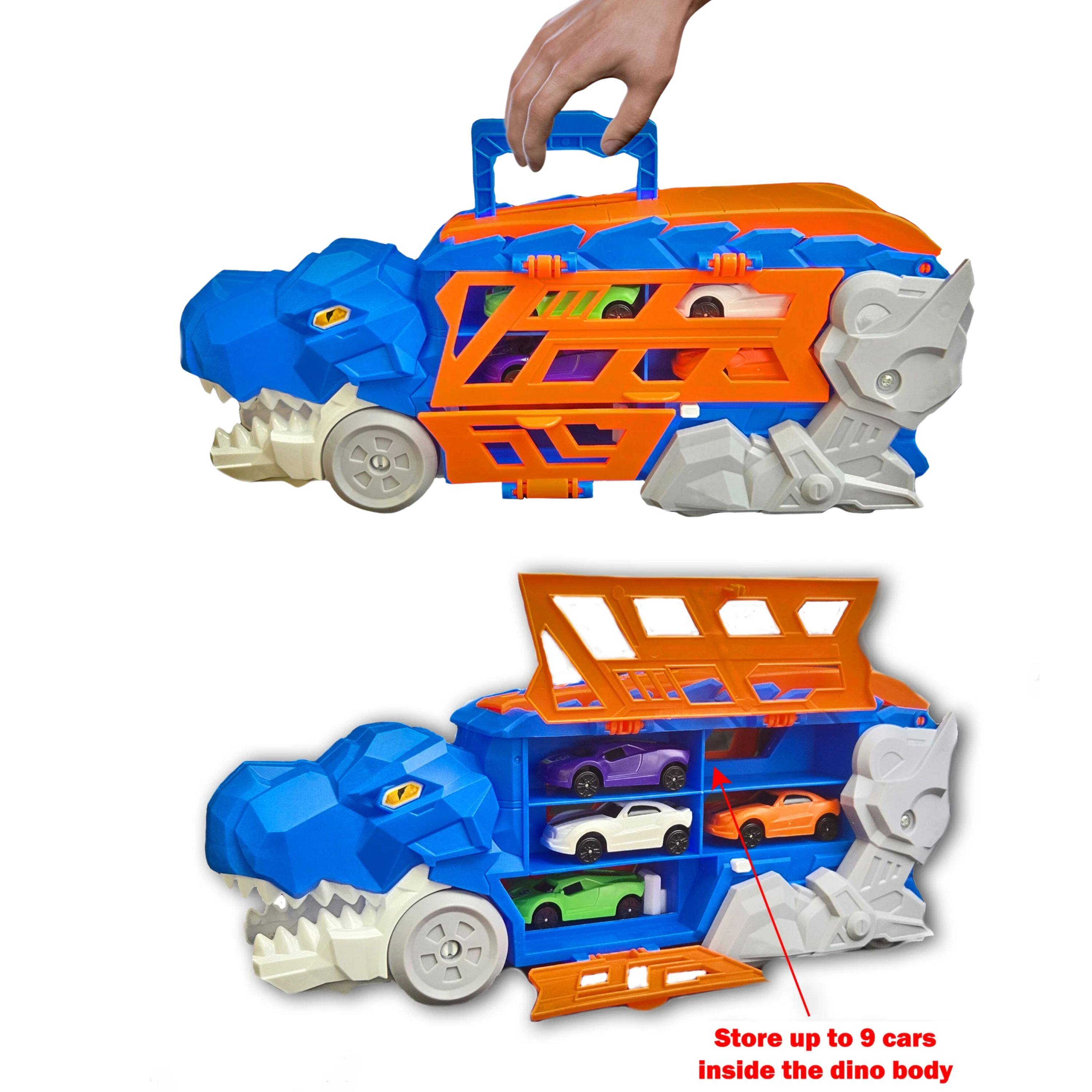 Store up to 9 cars inside the dino body