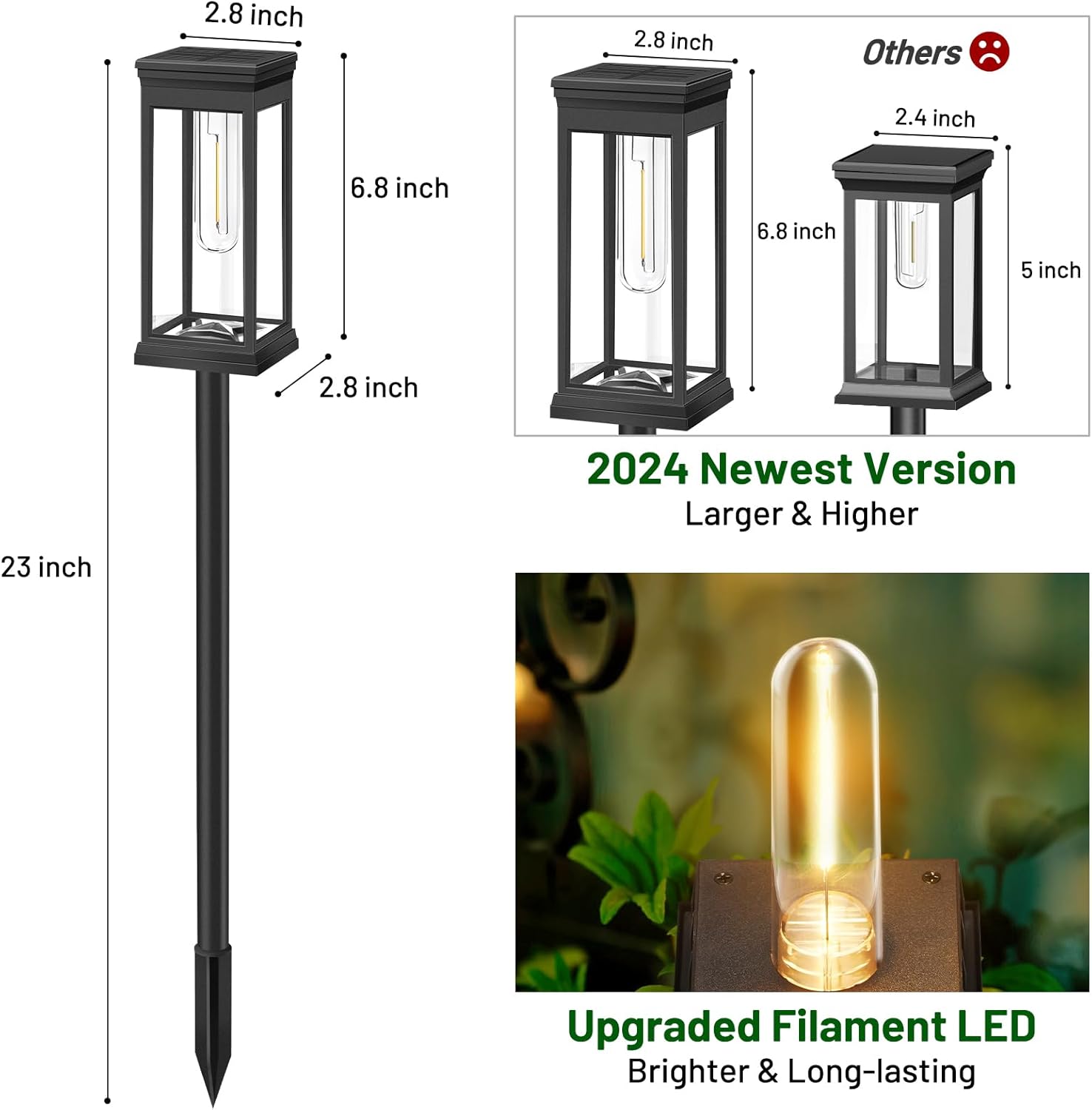 2.8 inch  
6.8 inch  
2.8 inch  
23 inch  

2024 Newest Version  
Larger & Higher  

Upgraded Filament LED  
Brighter & Long-lasting  

Others  
2.4 inch  
5 inch