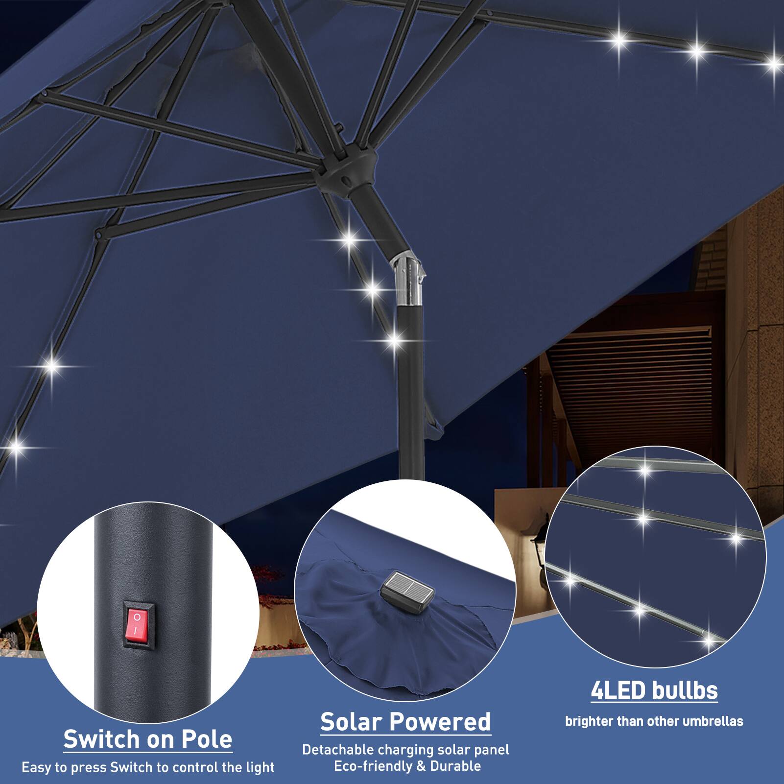 C1 Solar Powered Switch on Pole  
Detachable charging solar panel  
Easy to press Switch to control the light  
Eco-friendly & Durable  
4LED bulbs  
brighter than other umbrellas
