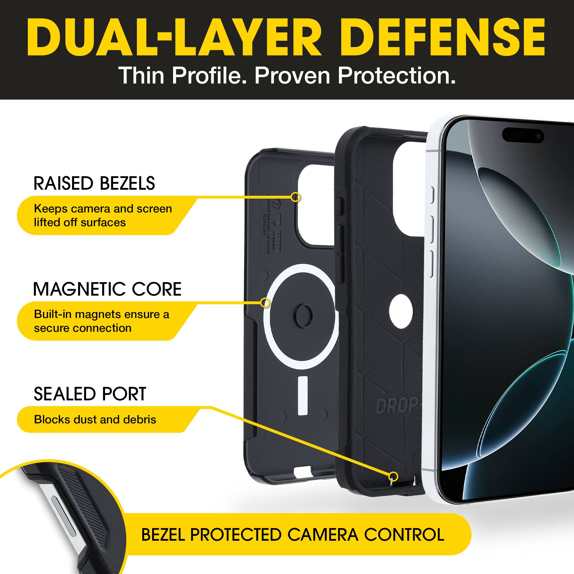DUAL-LAYER DEFENSE  
Thin Profile. Proven Protection.

- RAISED BEZELS  
  Keeps camera and screen lifted off surfaces

- MAGNETIC CORE  
  Built-in magnets ensure a secure connection

- SEALED PORT  
  Blocks dust and debris

- BEZEL PROTECTED CAMERA CONTROL

WW.OTTAAROK.CO | CHINA
