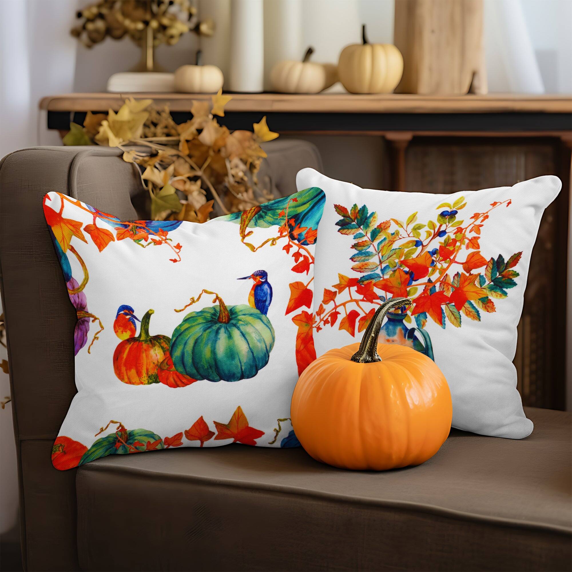 Left. G128 - Pumpkin Oil Painting Waterproof Throw Pillow Set, 18 x 18 in, Set of 4. - Assorted Colors.