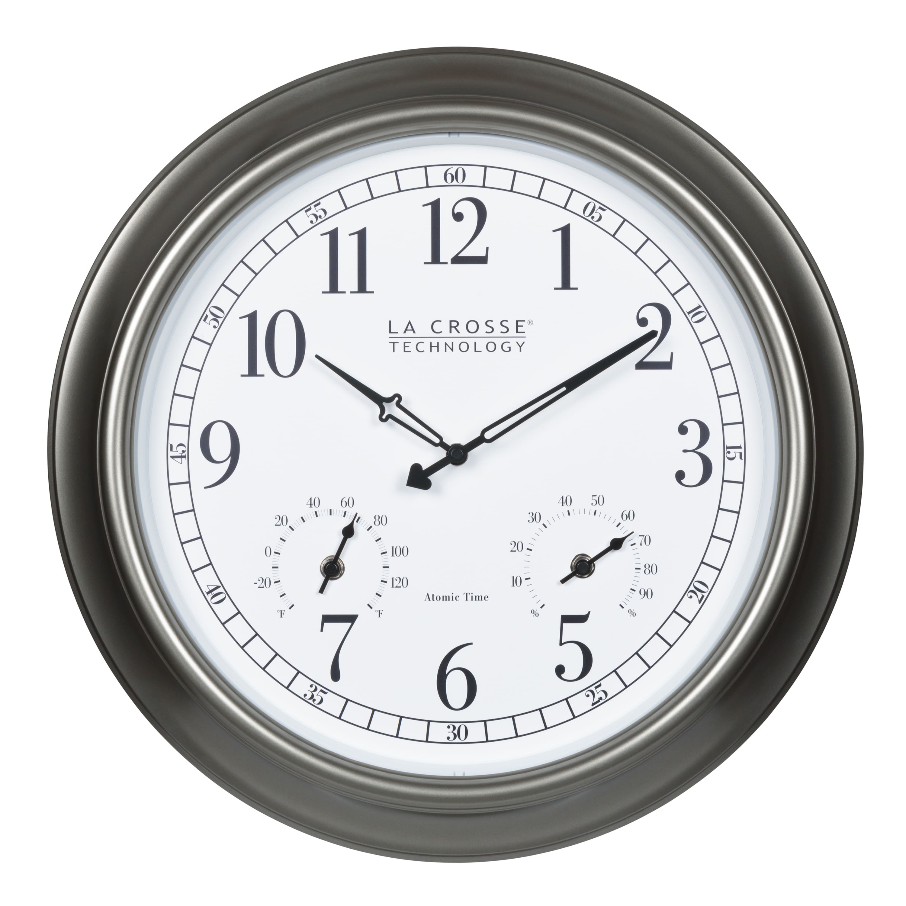 La Crosse Technology - 18 inch Atomic Analog Outdoor Clock with Thermometer & Hygrometer, Silver - Pewter