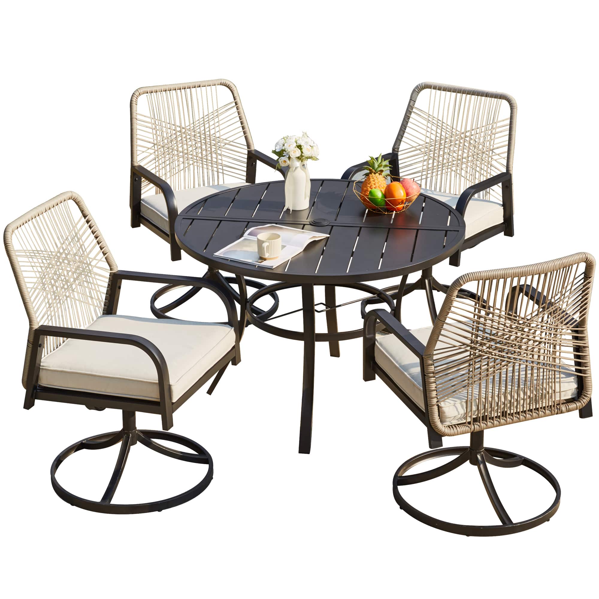 U-HOMY - Outdoor Dining Set, Swivel Rattan Chairs w Thick Removable Cushion, Dining Table w Umbrella Hole, Patio Furniture Set - Beige