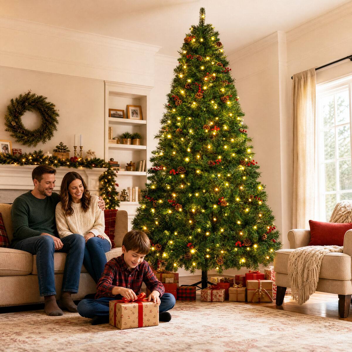 Wisairt 9FT Pre Lit Artificial Christmas Tree, 2008 Tips Full Pine