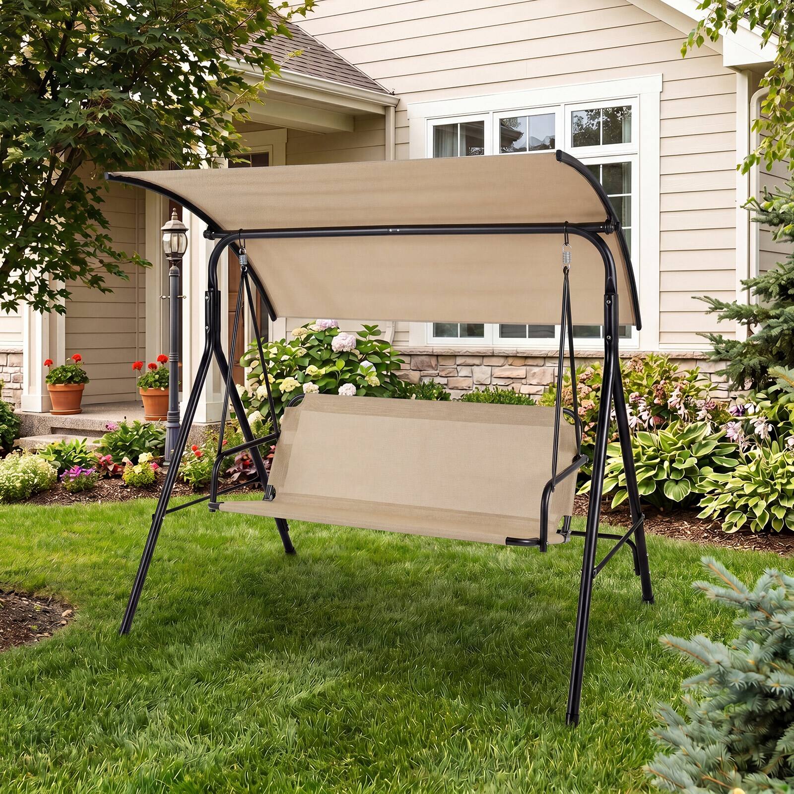 Alt View 5. Costway - Costway 3-Seat Patio Swing Chair with Adjustable Canopy, 800 lbs Heavy-Duty Metal Frame - Beige.