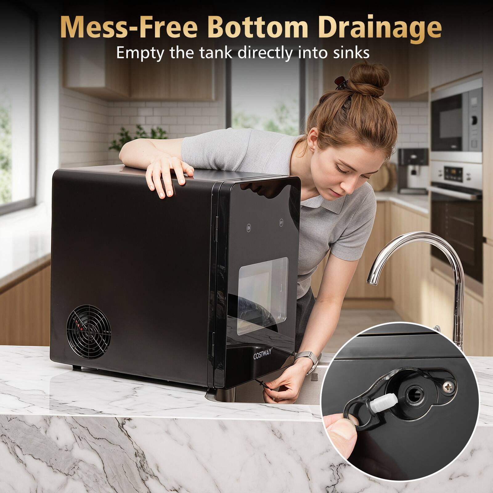 Mess-Free Bottom Drainage  
Empty the tank directly into sinks