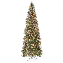 Best Choice Products - 6ft Artificial Pencil Christmas Tree w/ Warm White Lights, Pre-Lit Frosted Pine, 250 Lights - Frosted Green Spruce