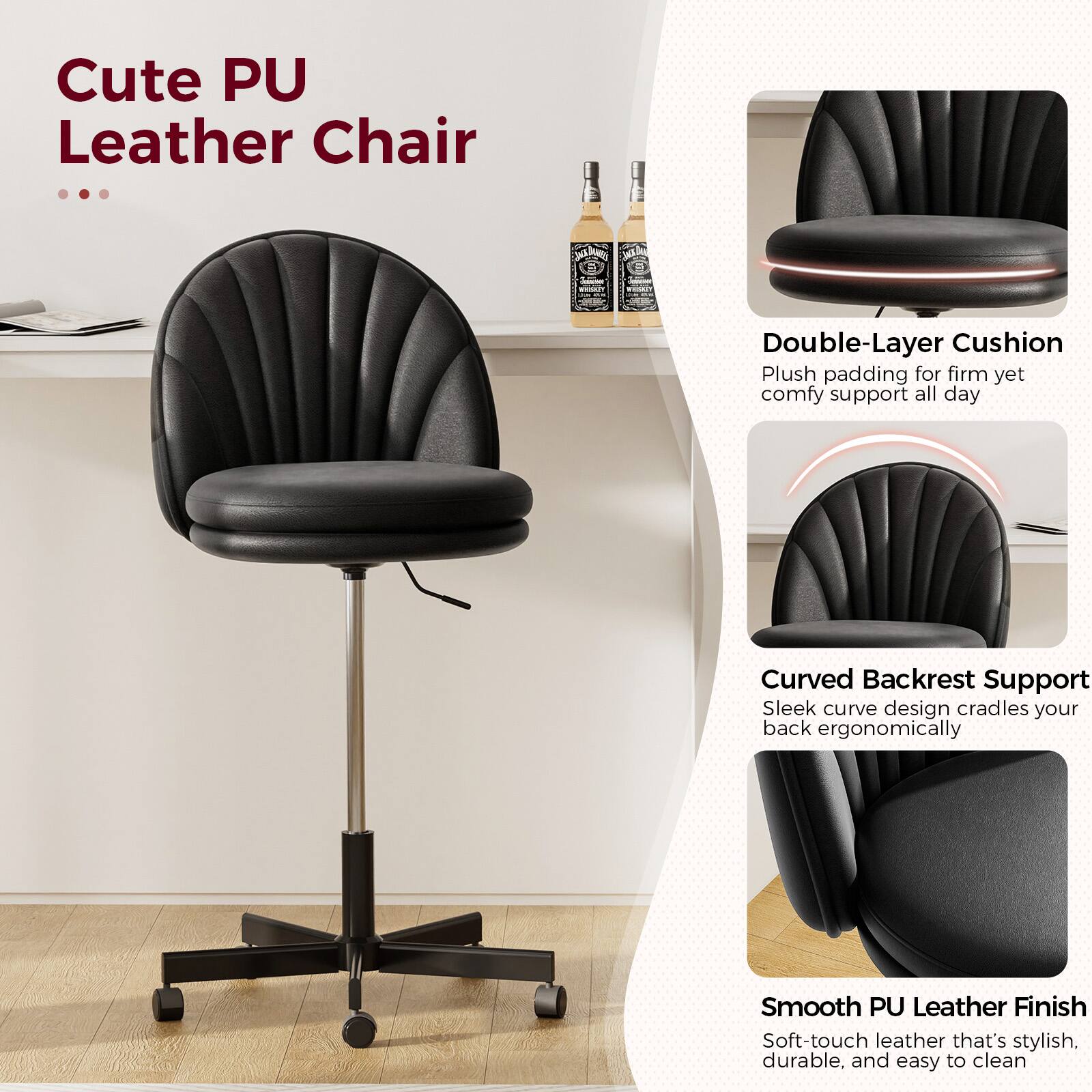 Cute PU Leather Chair

Double-Layer Cushion  
Plush padding for firm yet comfy support all day

Curved Backrest Support  
Sleek curve design cradles your back ergonomically

Smooth PU Leather Finish  
Soft-touch leather that's stylish, durable, and easy to clean