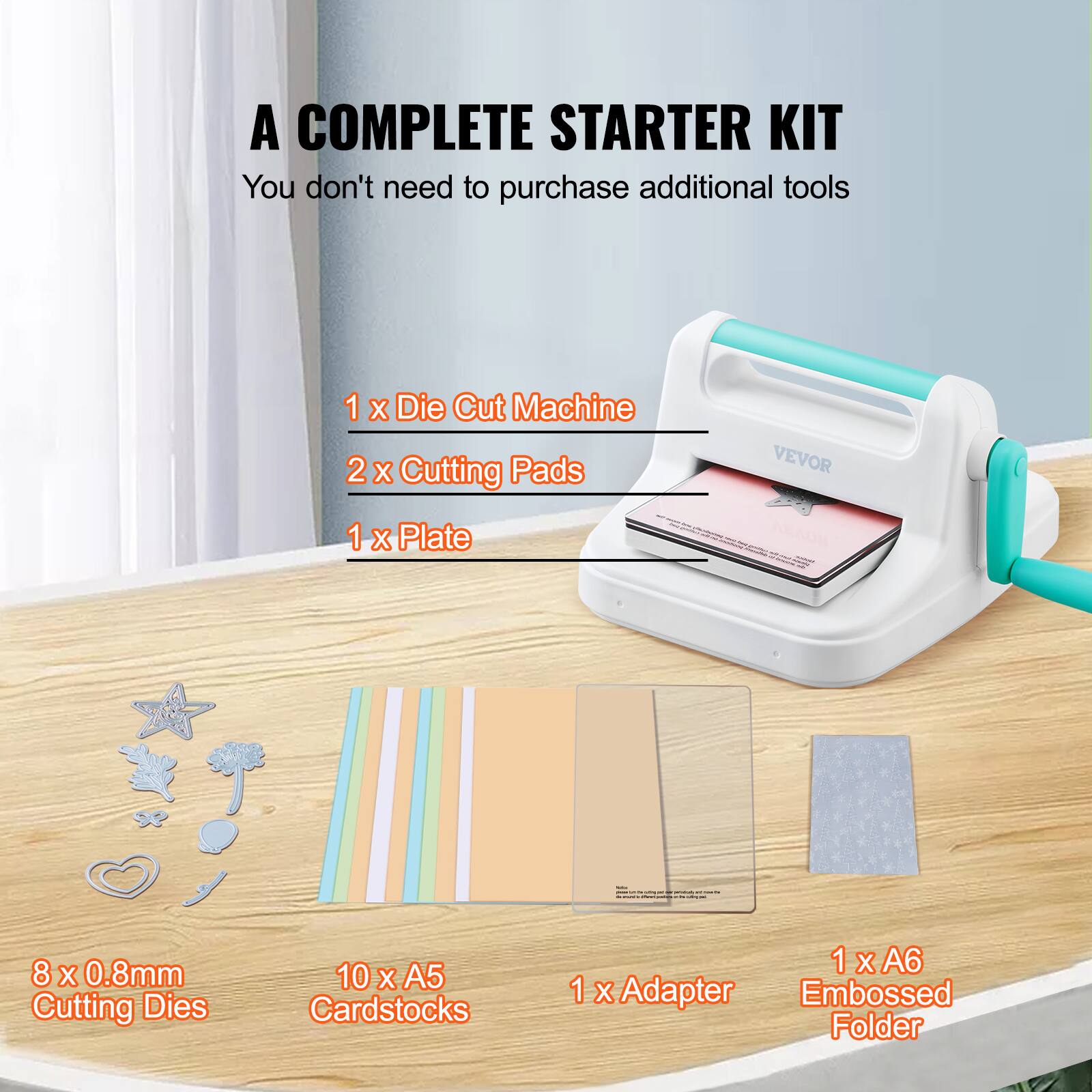 A COMPLETE STARTER KIT  
You don't need to purchase additional tools

1 x Die Cut Machine  
2 x Cutting Pads  
1 x Plate  
8 x 0.8mm Cutting Dies  
10 x A5 Cardstocks  
1 x A6 Embossed Folder  
1 x Adapter