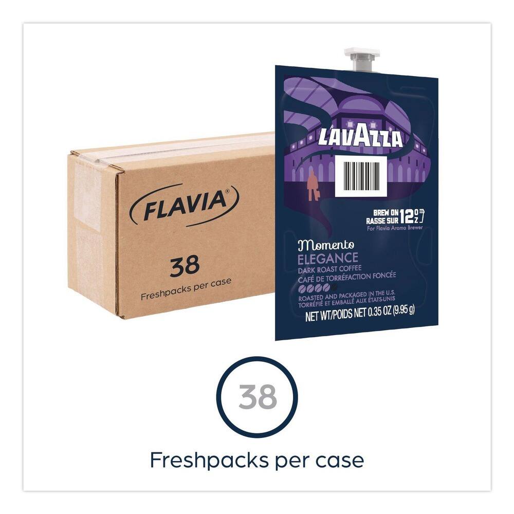 LAVAZZA FLAVIA 38 per case Freshpacks BREW ON 12 Z For Flavia Aroma Brewer Momento ELEGANCE DARK ROAST COFFEE TORRFACTION FONCE CAFÉ DE TORRFACTION FONCÉE ROASTED AND PACKAGED IN THE U.S. ETATS-UNIS ET EMBALLÉ AUX ETATS-UNIS NET WT/POIDS NET 0.35 OZ (9.95g) Freshpacks per case
