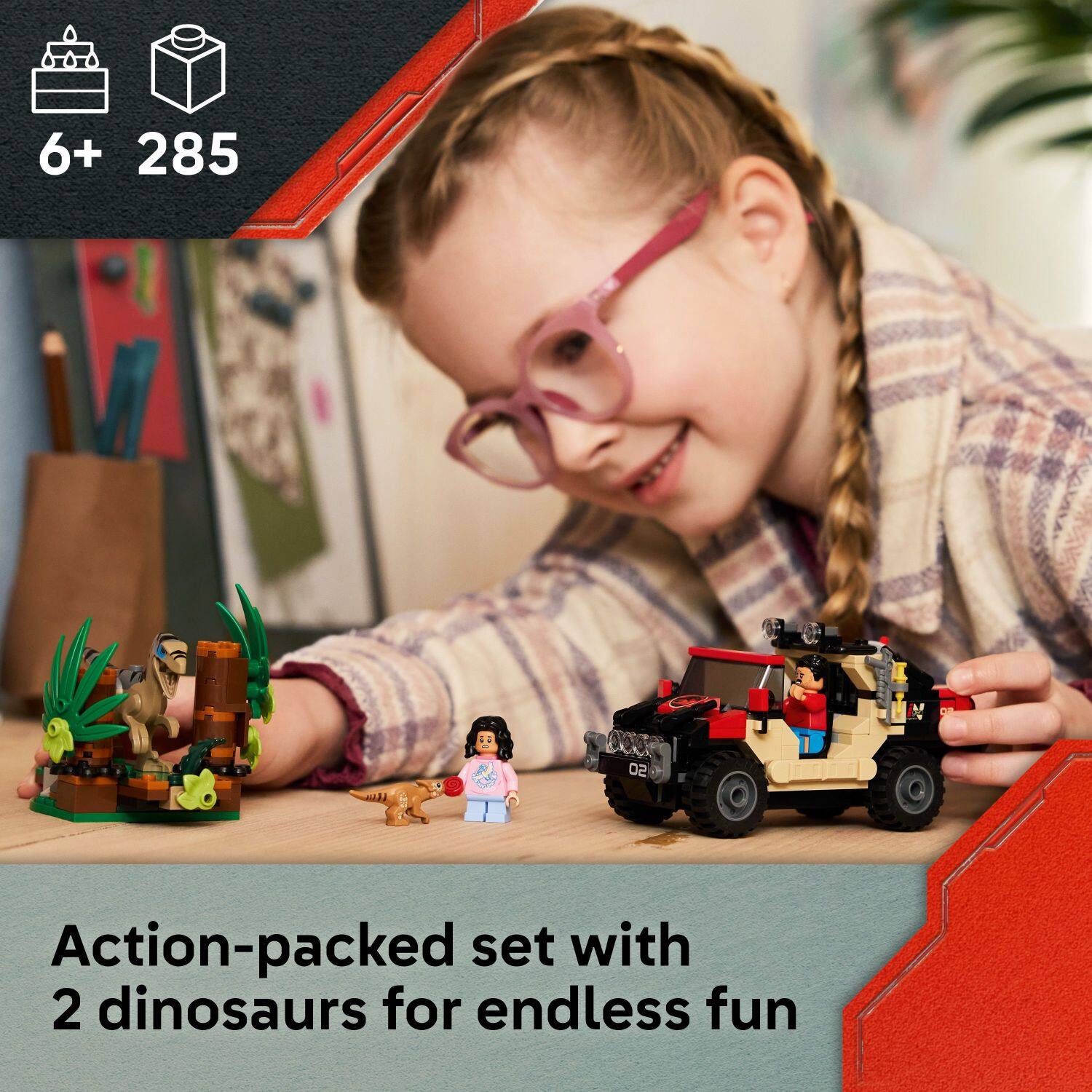 The text on the image is grouped as follows:

"6+ 285 so Action-packed set with 2 dinosaurs for endless fun."