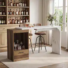 Tribesigns - 63-Inch Extendable Bar Table with Faux-Marble Top for Kitchen, Bistro or Home Dining Area - Brown & White