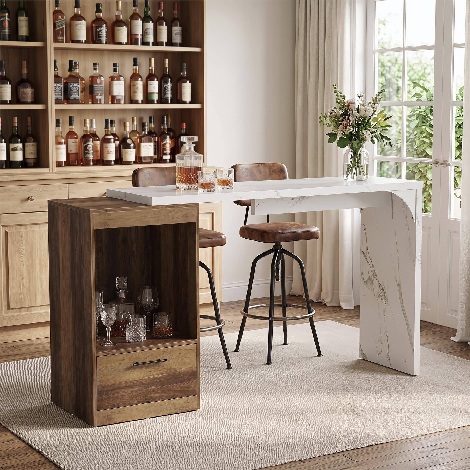 Tribesigns - 63-Inch Extendable Bar Table with Faux-Marble Top for Kitchen, Bistro or Home Dining Area - Brown & White