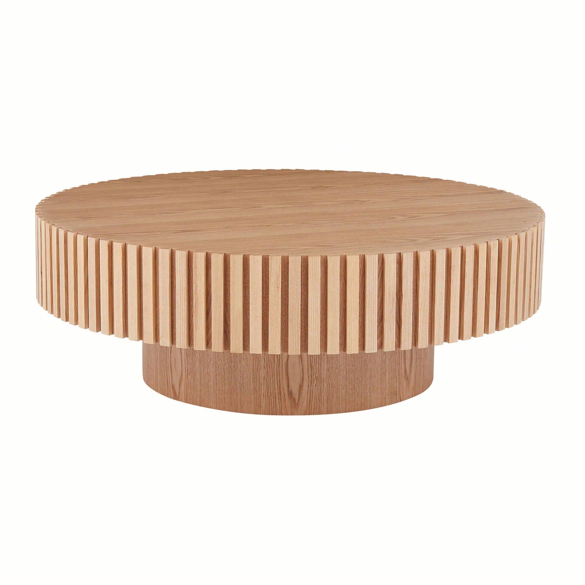 Alt View 4. Trinkets Crazed - 39.37" Round Coffee Table Wood,Circle Coffee Table, Drum Fluted Coffee Accent End Side Center Table - Natural.