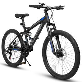 BreeBe - 24" Mountain Bike, 21-Speed, Full Suspension, High Carbon Steel Frame, Disc Brakes, Front & Rear Shock, Men & Women - Black