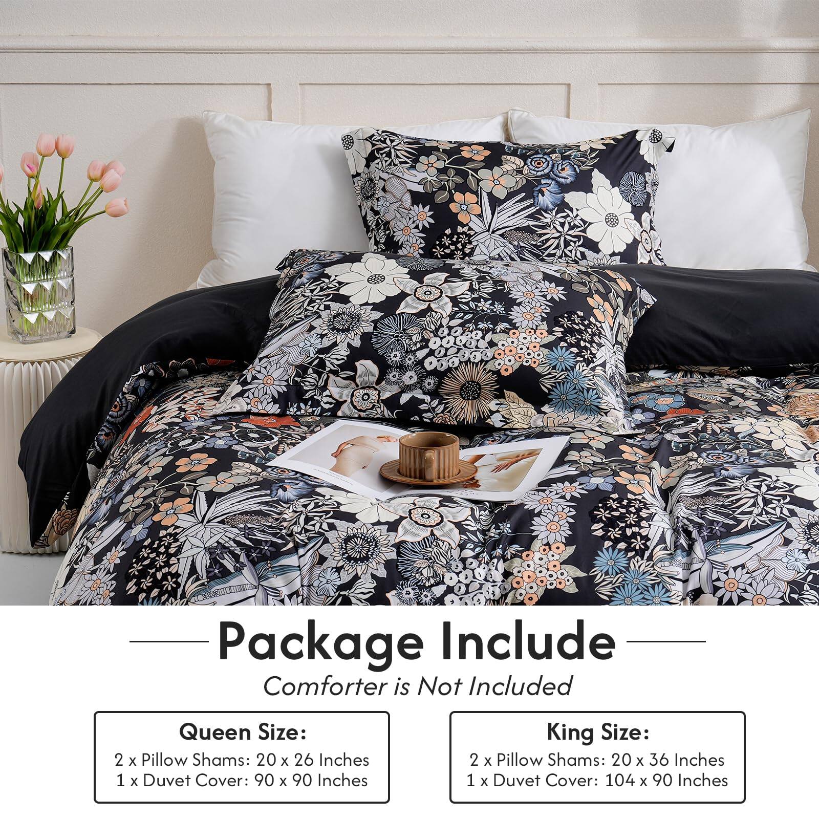 Package Include  
Comforter is Not Included  

Queen Size:  
2 x Pillow Shams: 20 x 26 Inches  
1 x Duvet Cover: 90 x 90 Inches  

King Size:  
2 x Pillow Shams: 20 x 36 Inches  
1 x Duvet Cover: 104 x 90 Inches