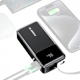 Esoulk - 3 Device Portable Charger 30W PD 10,000mAh Power Bank Fast Charge 2 USB Port with 1 Built-In USB-C Cable - Black