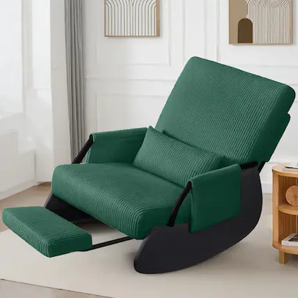 Front. KERDOM - Corduroy Rocking Chair with Footrest, Cover Washable, Upholstered Cradle Armchair Nap Recliner Glider Chair with Ottoman - Green.