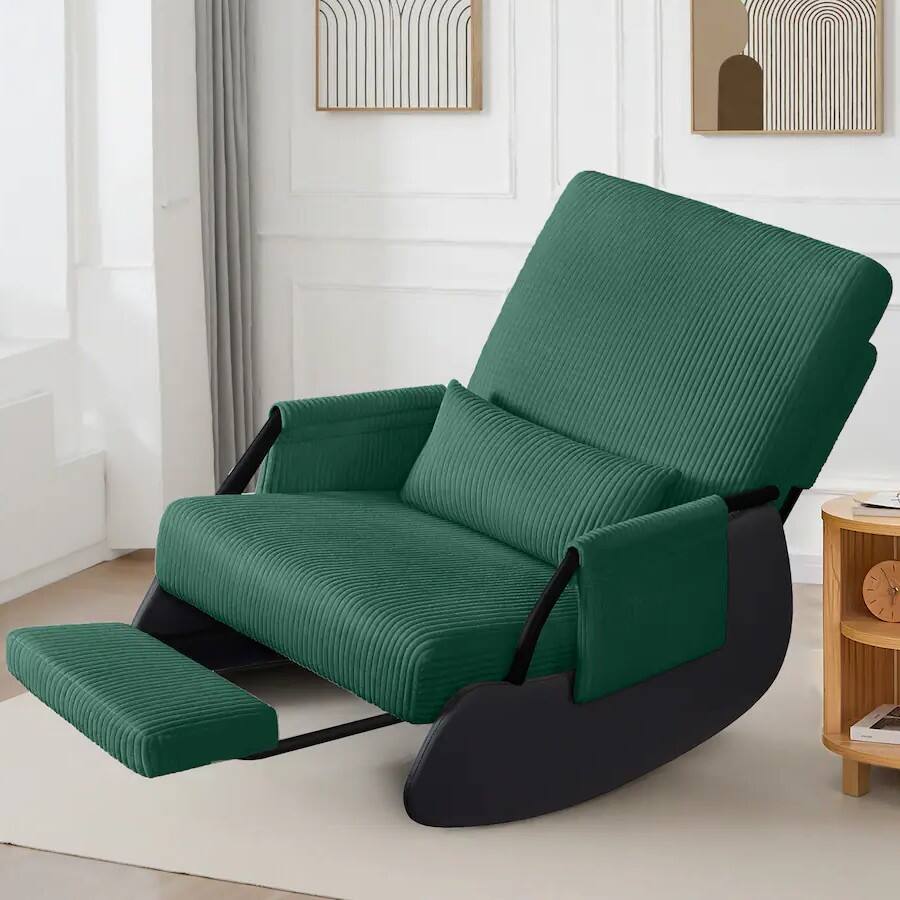 KERDOM - Corduroy Rocking Chair with Footrest, Cover Washable, Upholstered Cradle Armchair Nap Recliner Glider Chair with Ottoman - Green