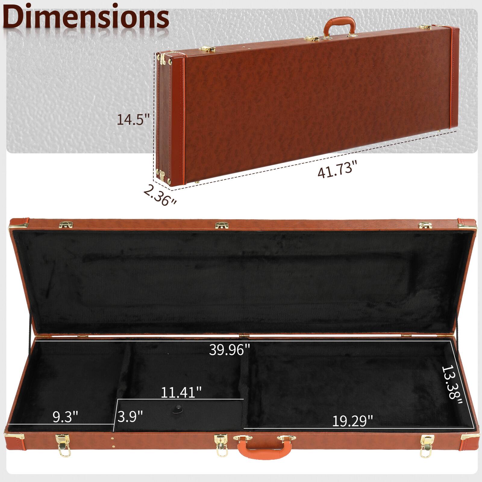 Dimensions: 14.5" x 2.36" x 41.73"  
Interior: 39.96" x 19.29" x 13.38"  
Depth: 9.3" x 11.41" x 3.9"