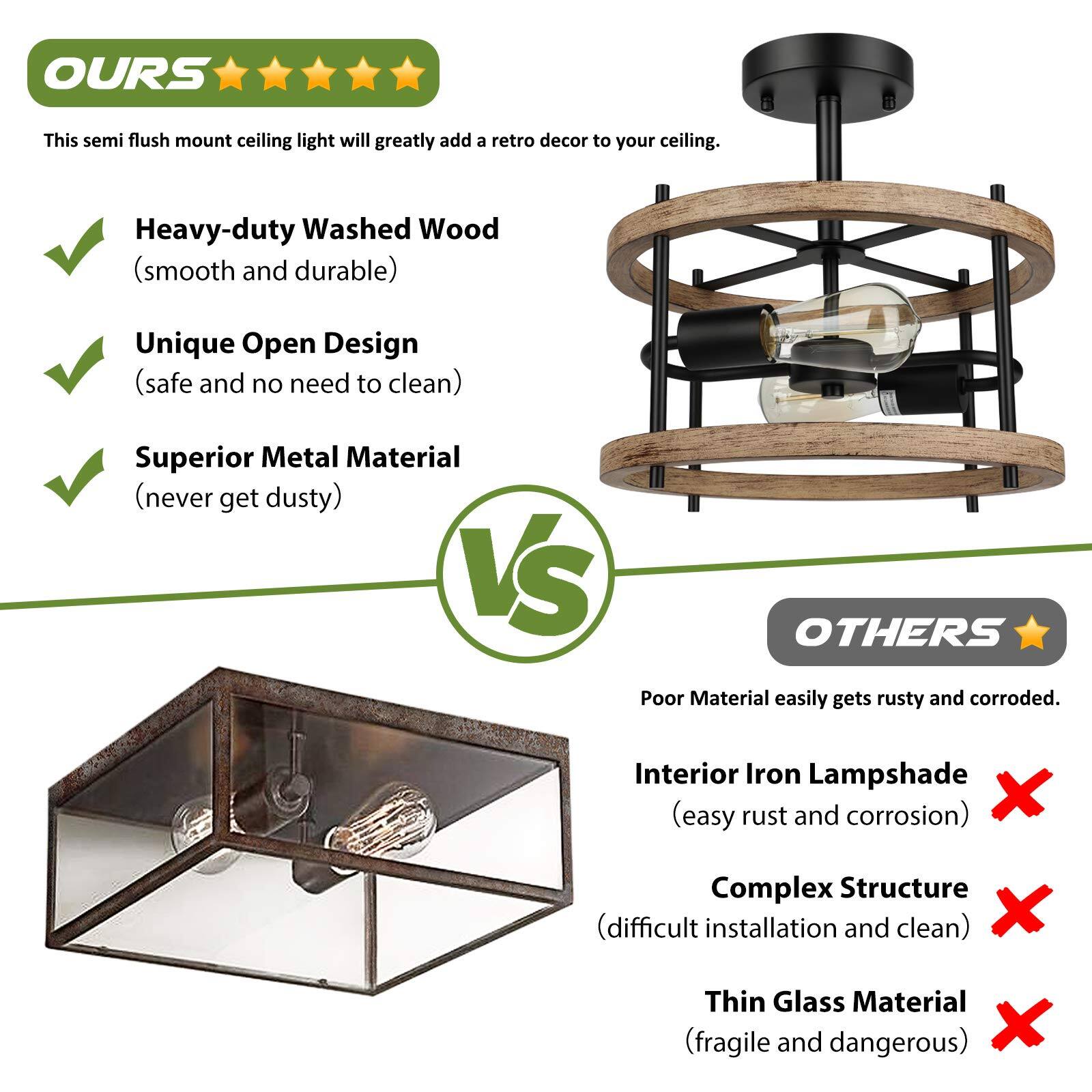 **OURS**

This semi flush mount ceiling light will greatly add a retro decor to your ceiling.

- Heavy-duty Washed Wood (smooth and durable)
- Unique Open Design (safe and no need to clean)
- Superior Metal Material (never get dusty)

**VS**

**OTHERS**

- Poor Material easily gets rusty and corroded.
- Interior Iron Lampshade (easy rust and corrosion)
- Complex Structure (difficult installation and clean)
- Thin Glass Material (fragile and dangerous)