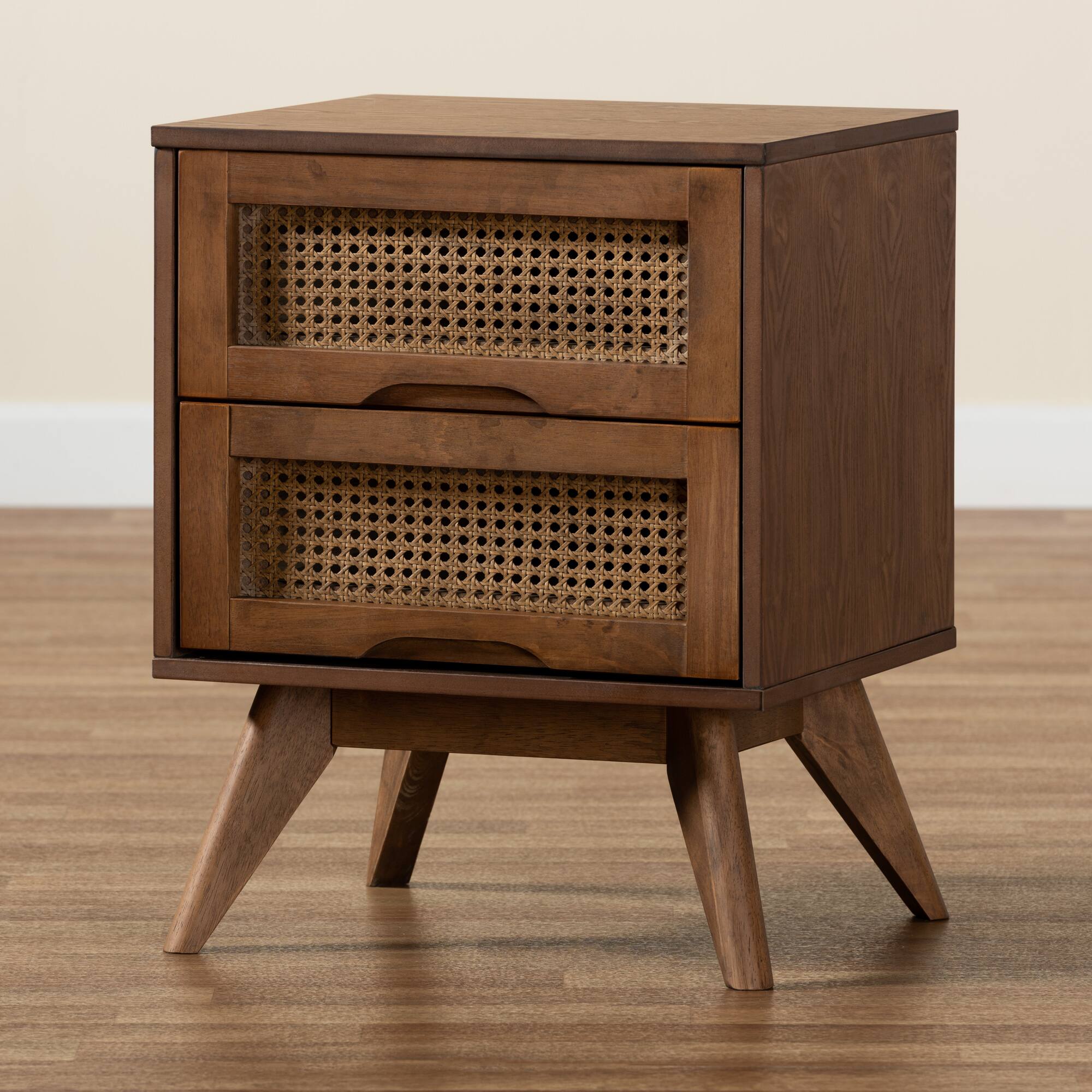 Alt View 5. Baxton Studio - Barrett Mid-Century Modern Finished Wood and Synthetic Rattan 2-Drawer Nightstand - Walnut Brown.