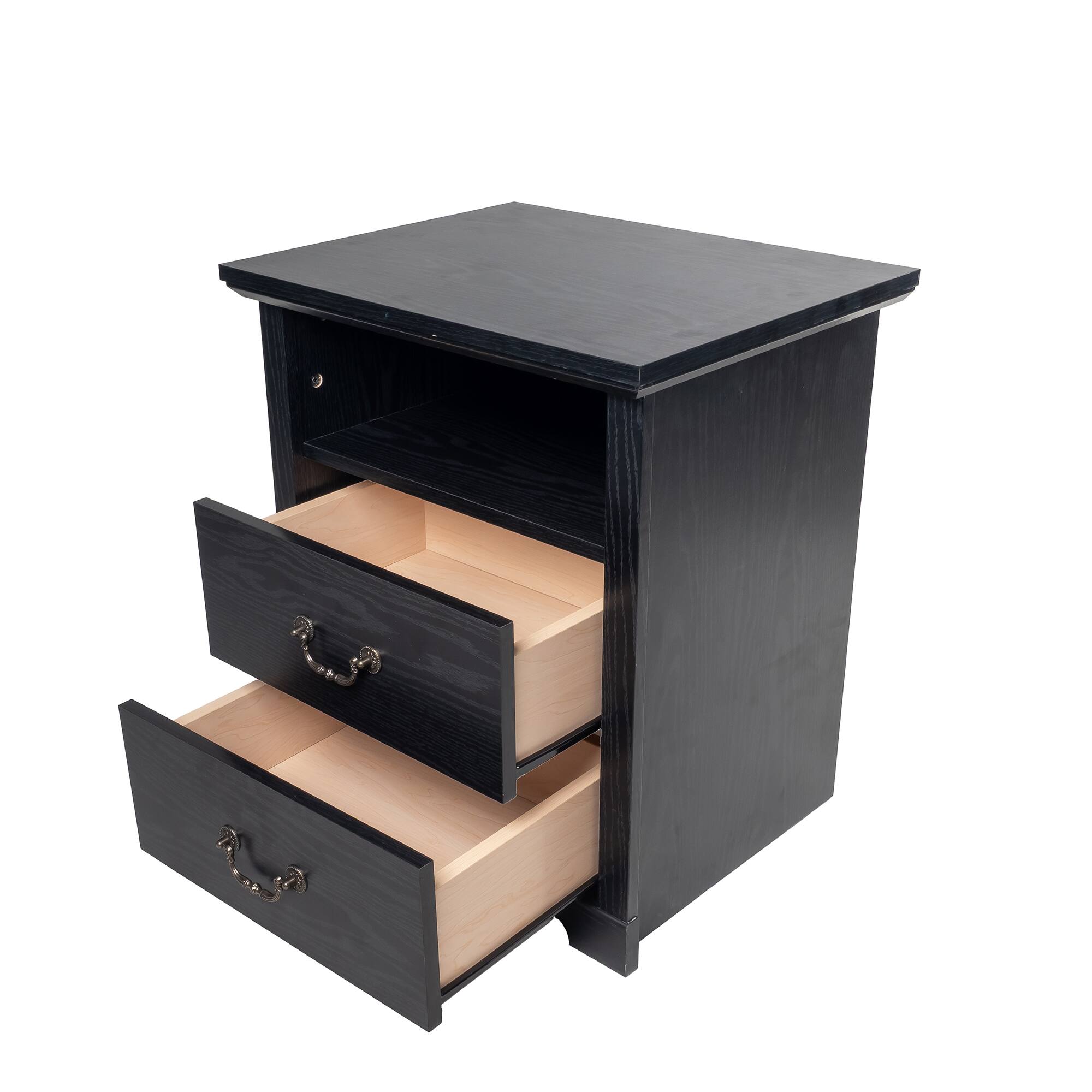 Alt View 3. Vaczon - Rustic Black Nightstand Bedside Table with Open Shelf and 2 Drawers - Black.