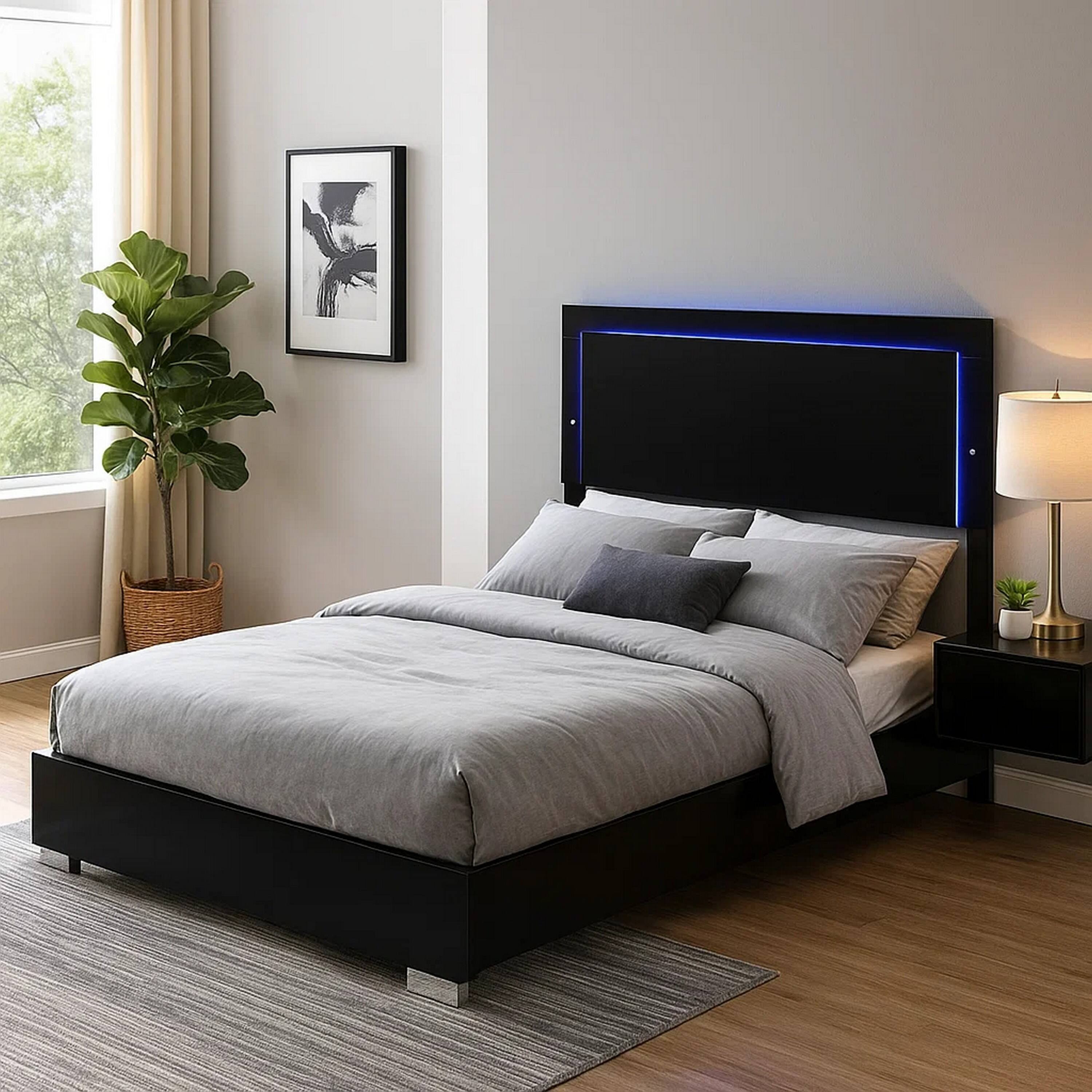 Alt View 5. Manhattan Lane - Suni King Size Bed w LED Headboard, Piano Black Wood Frame - Piano Black, Chrome Silver.
