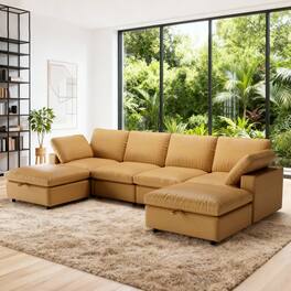 Vipbear - U-Shaped 130" Leather Modular Sectional Sofa with Storage Ottoman,5-Seater ,Solid Wood Frame,Camel - Brown-U