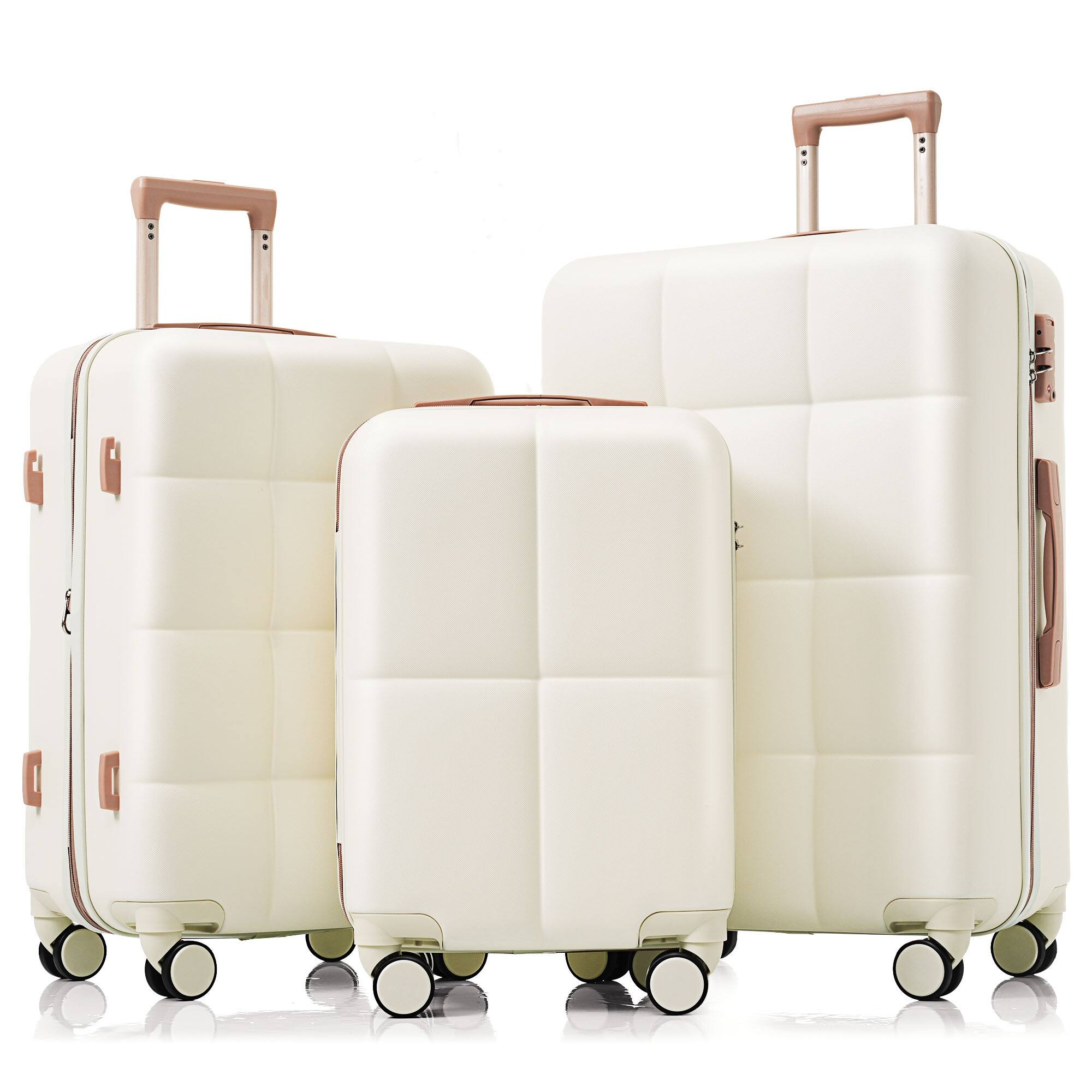 Ecooso - 3-Piece Airline-Approved Luggage Set with Cup Holder, ABS Hardshell Spinner Suitcases, 20/24/28 Inch - White+Gold