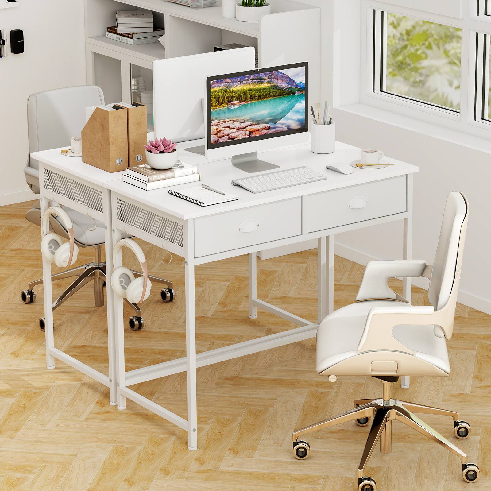 Alt View 2. SlickBlue - Home Office Writing Desk with Fabric Drawers and Side Hooks - White.