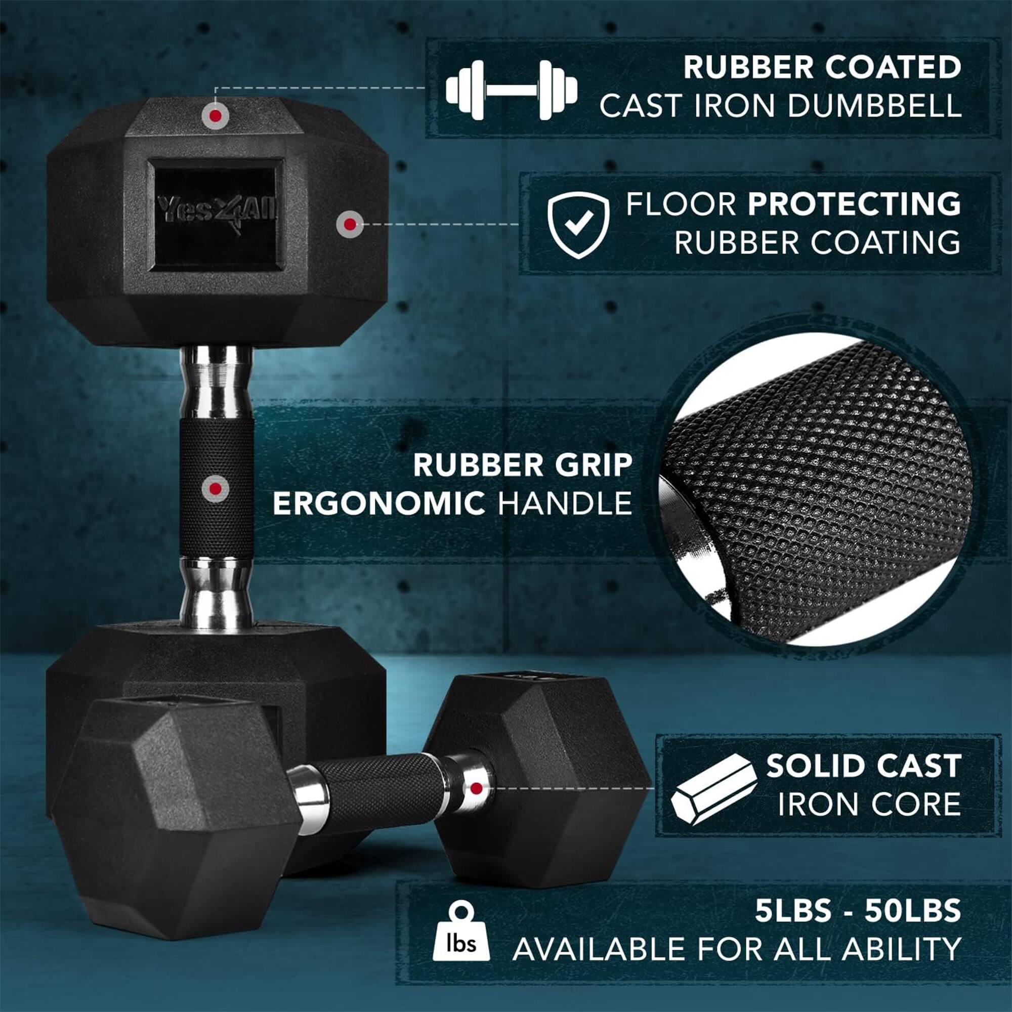 RUBBER COATED CAST IRON DUMBBELL

FLOOR PROTECTING RUBBER COATING

RUBBER GRIP ERGONOMIC HANDLE

SOLID CAST IRON CORE

5LBS - 50LBS AVAILABLE FOR ALL ABILITY